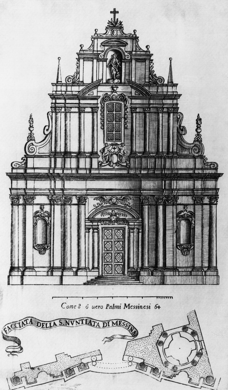 Fachada e planta da Igreja da Anunciação em Messina, gravada por Guarino Guarini (1624-1683), Itália de Guarino Guarini