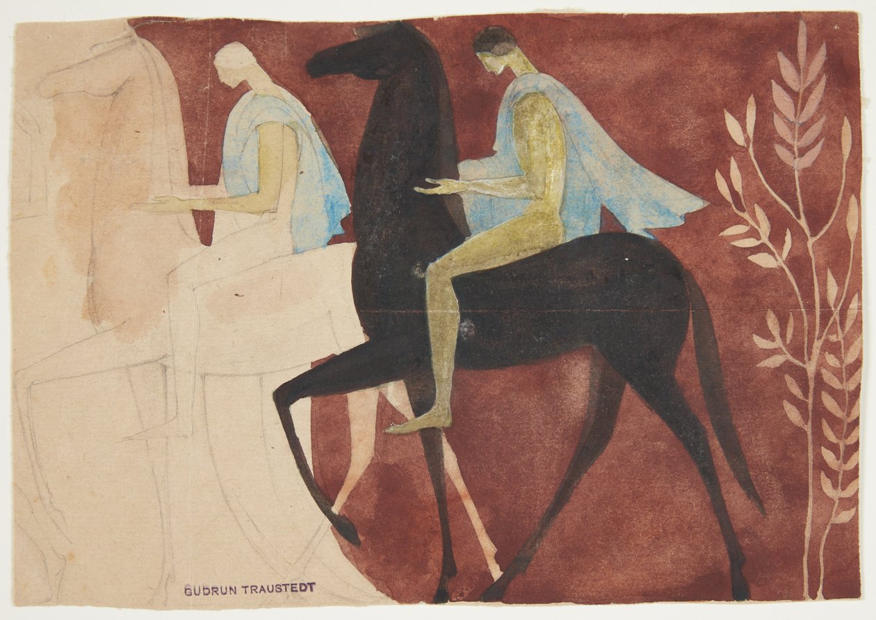 Dois jovens a cavalo. Decoração da sala de rascunho de Gudrun Traustedt
