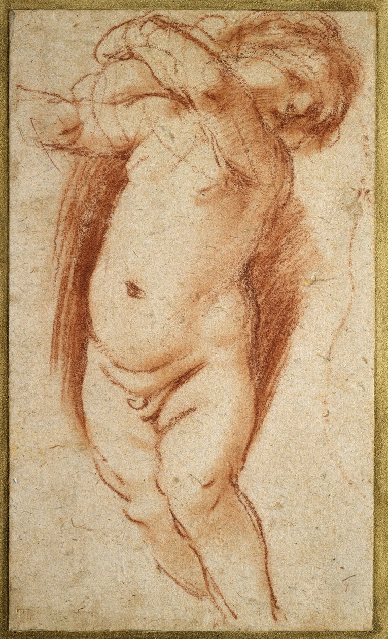Um Putto, 1620 - 1624 (giz vermelho em papel acinzentado) de Giovanni Francesco Barbieri