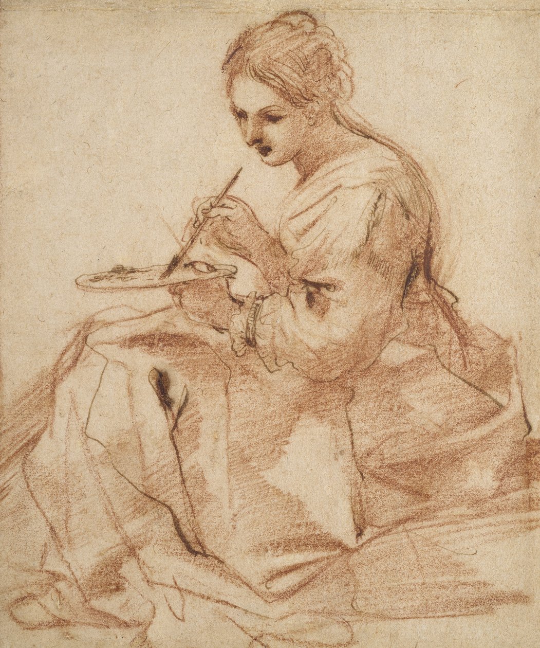 Uma pintura de mulher (uma alegoria da pintura), c.1618 (giz vermelho tocado com caneta e tinta marrom sobre papel branco) de Giovanni Francesco Barbieri