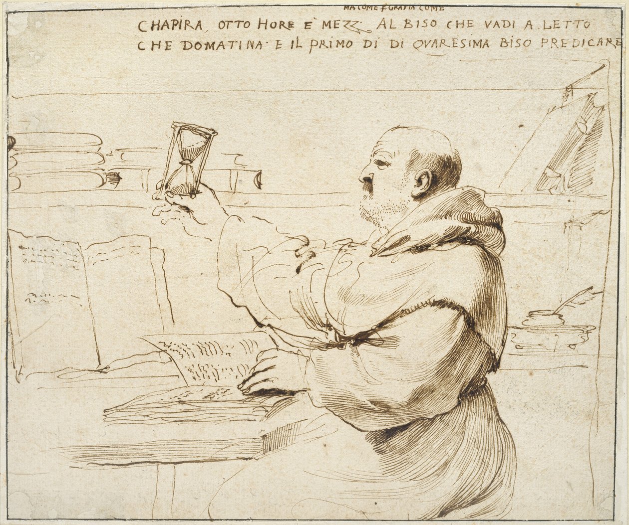 Caricatura de Fra Bonaventura Bisi, 1655 - 1659 (caneta e tinta marrom sobre papel branco) de Giovanni Francesco Barbieri
