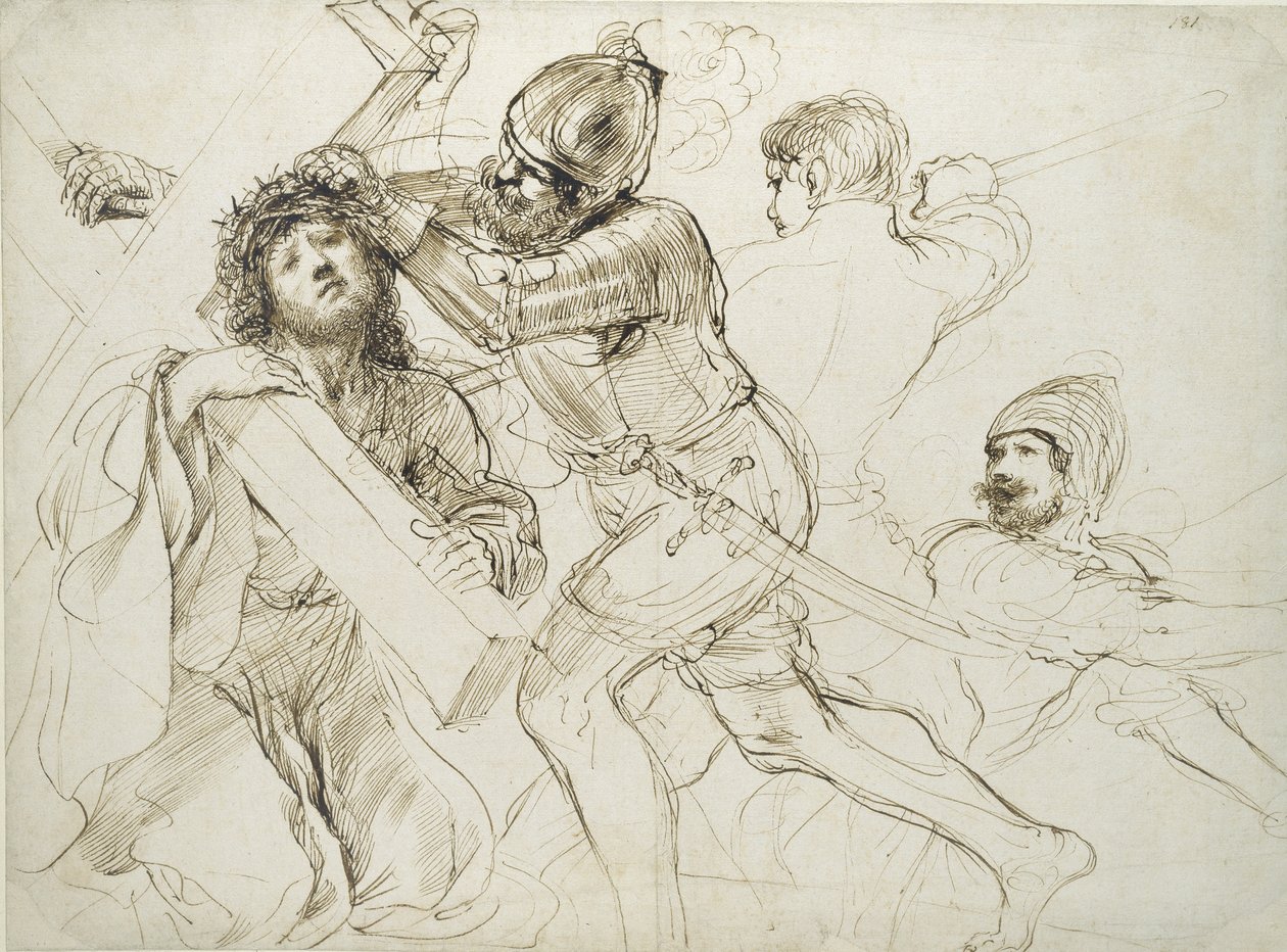 Cristo carregando a cruz, c.1625 - 1628 (caneta e tinta marrom em papel branco) de Giovanni Francesco Barbieri