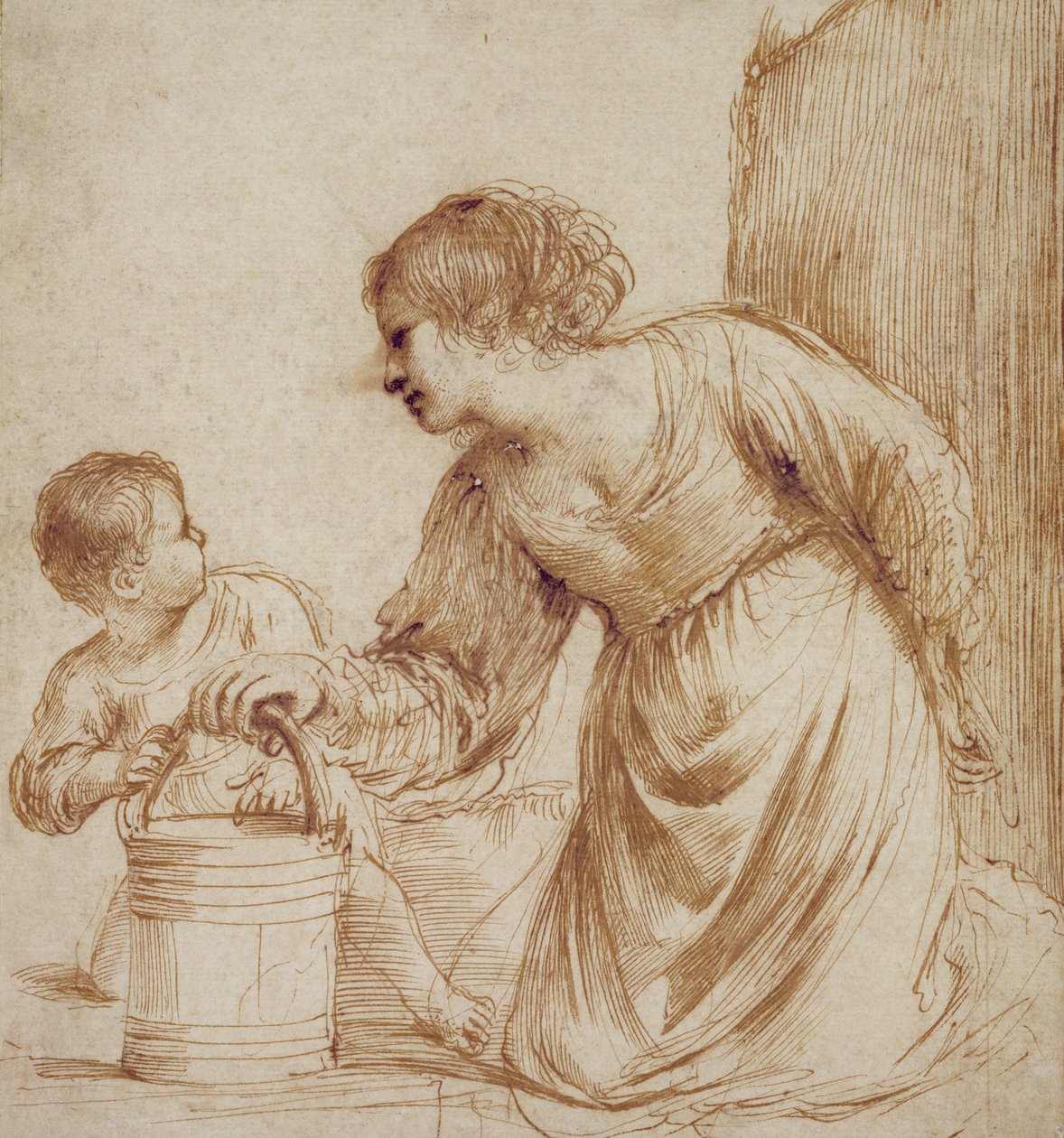 Mãe e criança com balde de Giovanni Francesco Barbieri