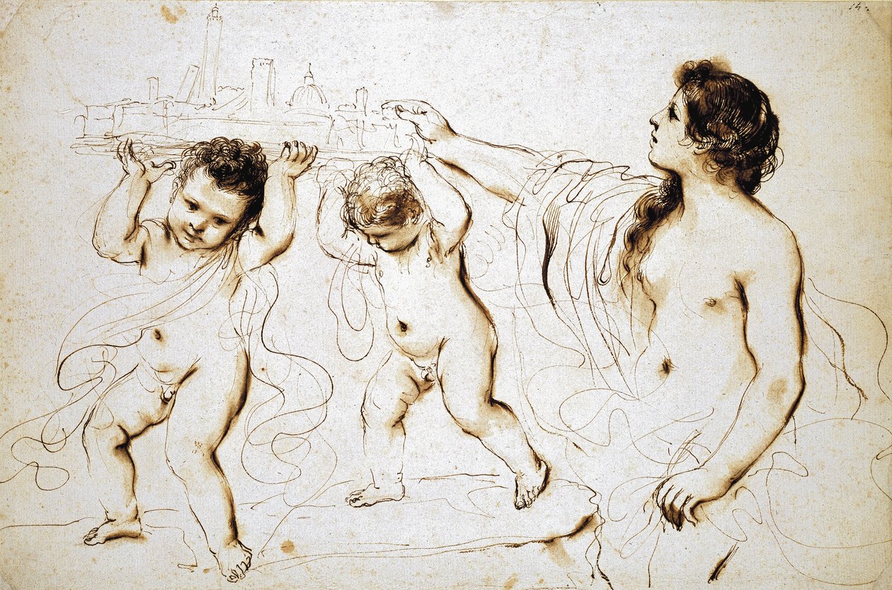 O emblema da cidade de Bolonha, 1625 - 1629 (caneta e tinta marrom com marrom lavar em papel branco) de Giovanni Francesco Barbieri