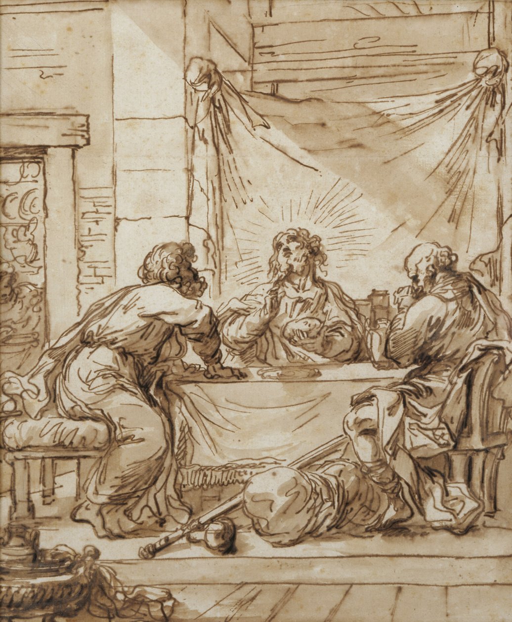 A Ceia em Emaús (tinta no papel) de Giovanni Francesco Barbieri