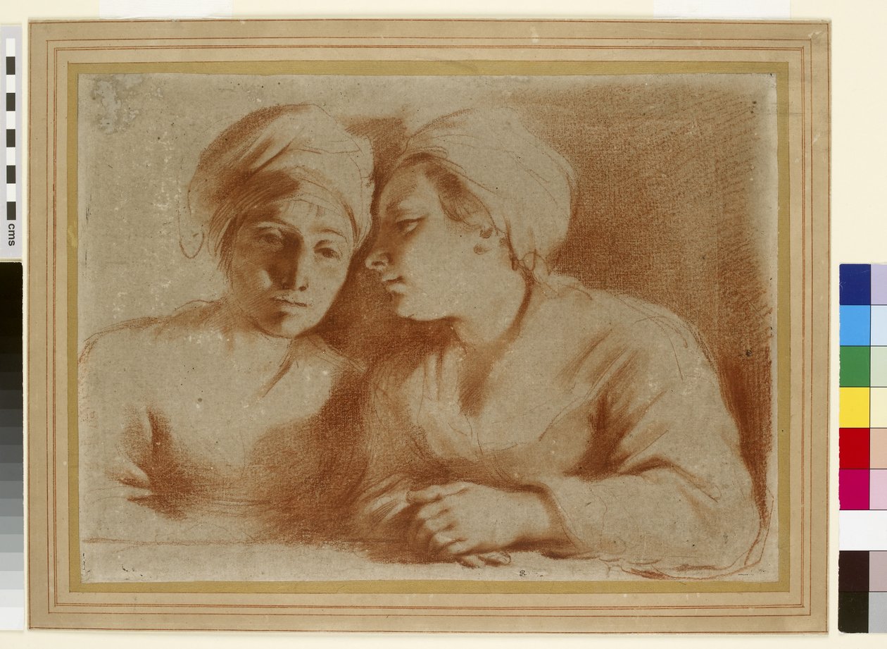 Duas mulheres em conversação, do século XVII (giz vermelho sobre papel) de Giovanni Francesco Barbieri