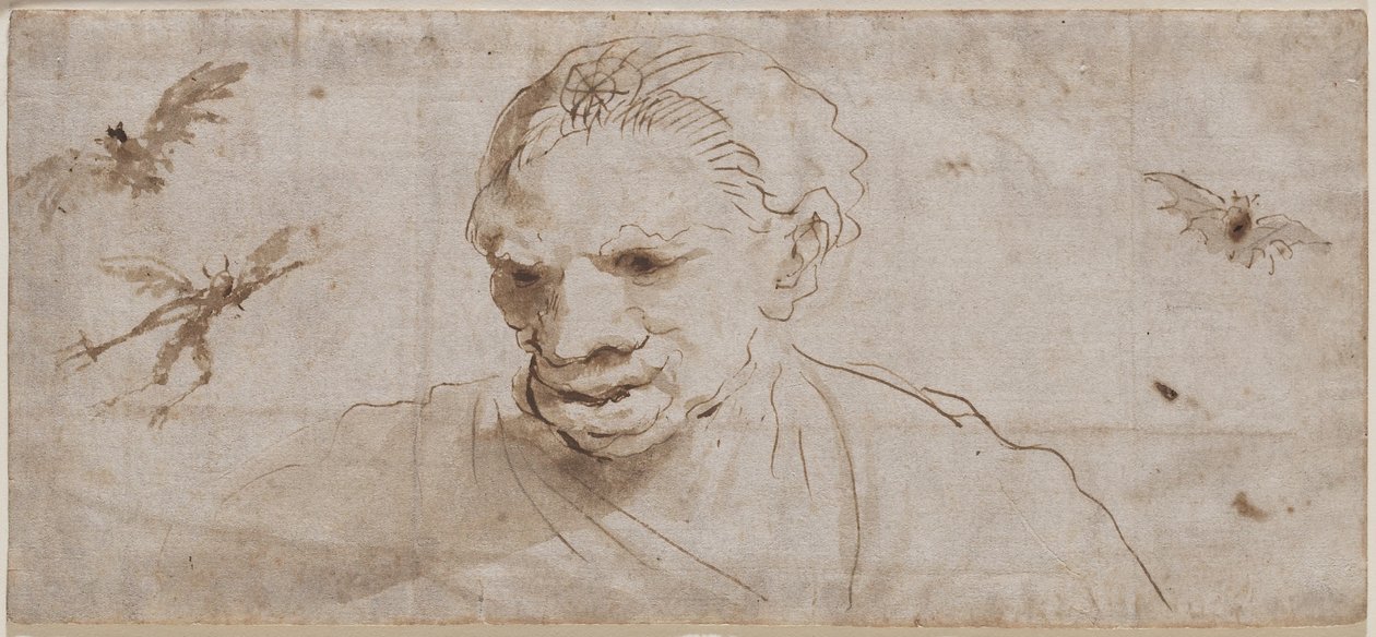 Uma bruxa, dois morcegos e um demônio em vôo, início do século XVII (caneta e tinta marrom com tinta marrom sobre papel) de Giovanni Francesco Barbieri