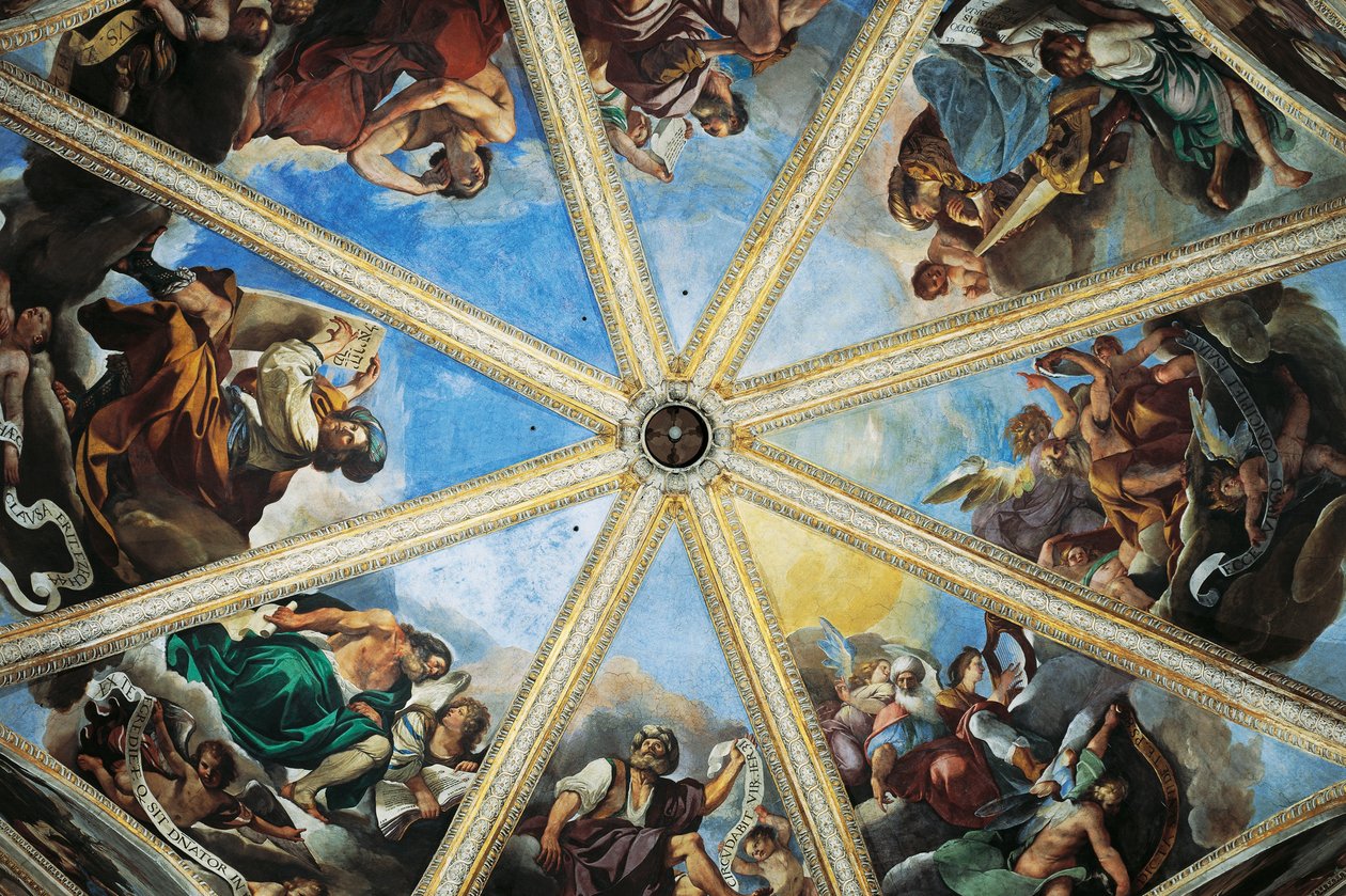 Frescos de Pier Francesco Mazzucchelli, conhecido como Morazzone (1573-1626) e Giovanni Francesco Barbieri, conhecido como Guercino (1591-1666), interior da Catedral de Piacenza, Emilia-Romagna, Itália de Guercino