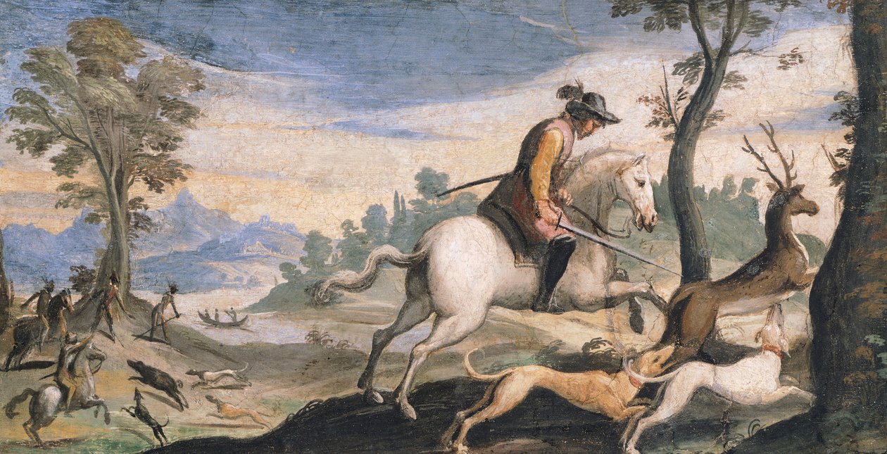 Caça ao veado e ao javali, de Giovanni Francesco Barbieri, conhecido como Guercino (1591-1666), fresco, 53x101 cm de Guercino