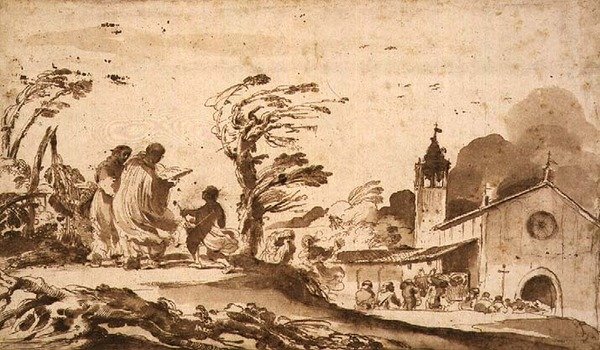 PD.1-1987 Paisagem com Procissão Funerária (tinta e lavagem) de Guercino