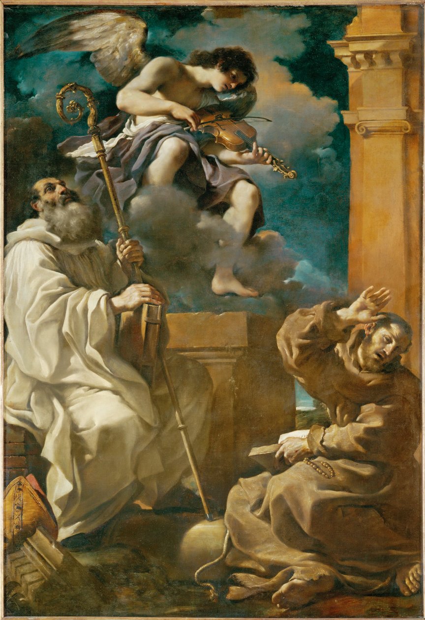 São Francisco em êxtase e São Bento com um anjo ... de Guercino (1591-1666)