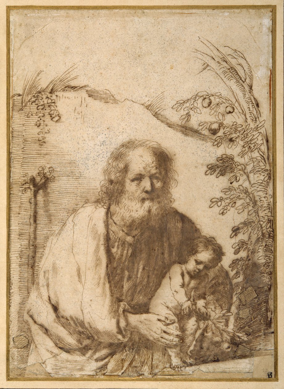 São José e o Menino Cristo agarrando um galho de uma macieira (caneta e tinta sobre papel) de Guercino