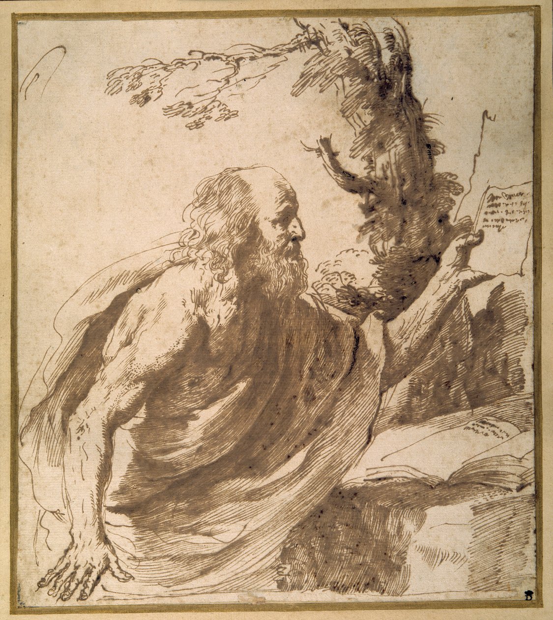 A Saint reading in the desert (caneta e tinta sobre papel) de Guercino