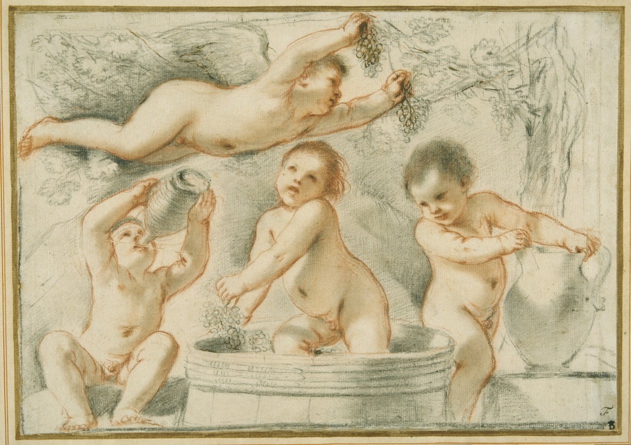 Alegoria da produção de vinho (gizes vermelhas e pretas com tinta sobre papel) de Guercino