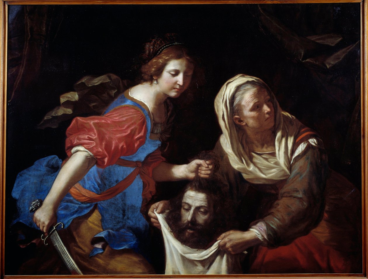 Judith e a cabeça de Holoferne. A sua serva Abra segura a bolsa enquanto Judith põe a cabeça do homem. Pintura de Giovanni Francesco Barbieri dit Guercino (O Guerchim de Guercino