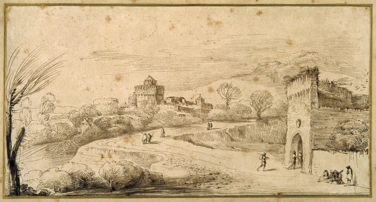 Paisagem com um portão com crenelado e uma estrada sinuosa (caneta e tinta sobre papel) de Guercino