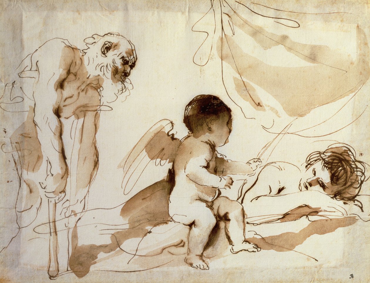 Homem sobre muletas, Cupido e Vénus adormecido (caneta, tinta e lavagem sobre papel) de Guercino