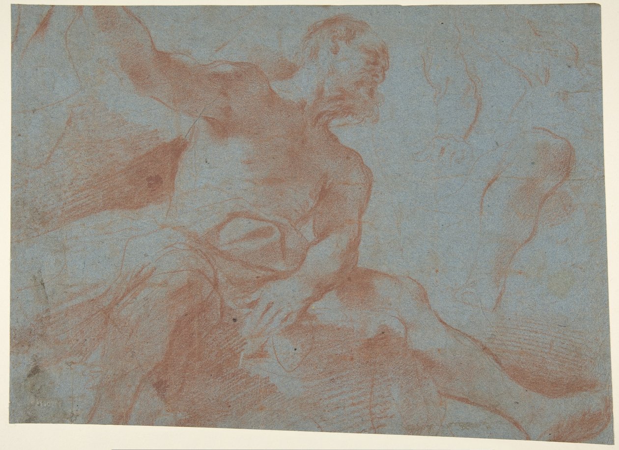 Velho sentado com o braço direito erguido (Tithonus) (frente) de Guercino