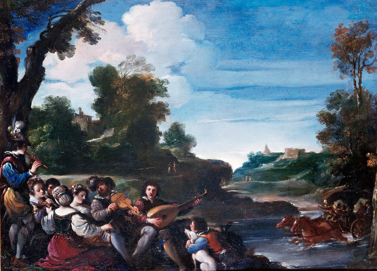 Summer Pleasures Landscape com concerto. Pintura de Giovanni Francesco Barbieri Guerchin dit Il Guercino (1591-1666) Sol do século XVII. 0,35x0,47 m Florença, Galeria Uffizi de Guercino