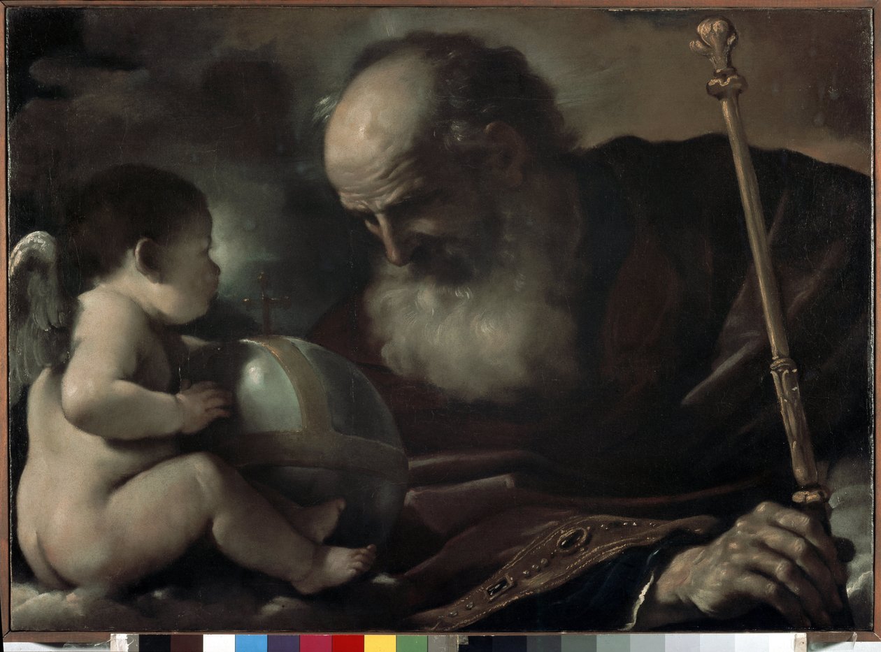 O Pai Todo-Poderoso com um Anjo - Pintura de Barbieri Giovanni Francesco chamada The Guerchin (1591-1666), óleo sobre tela, 66 x 91 cm de Guercino