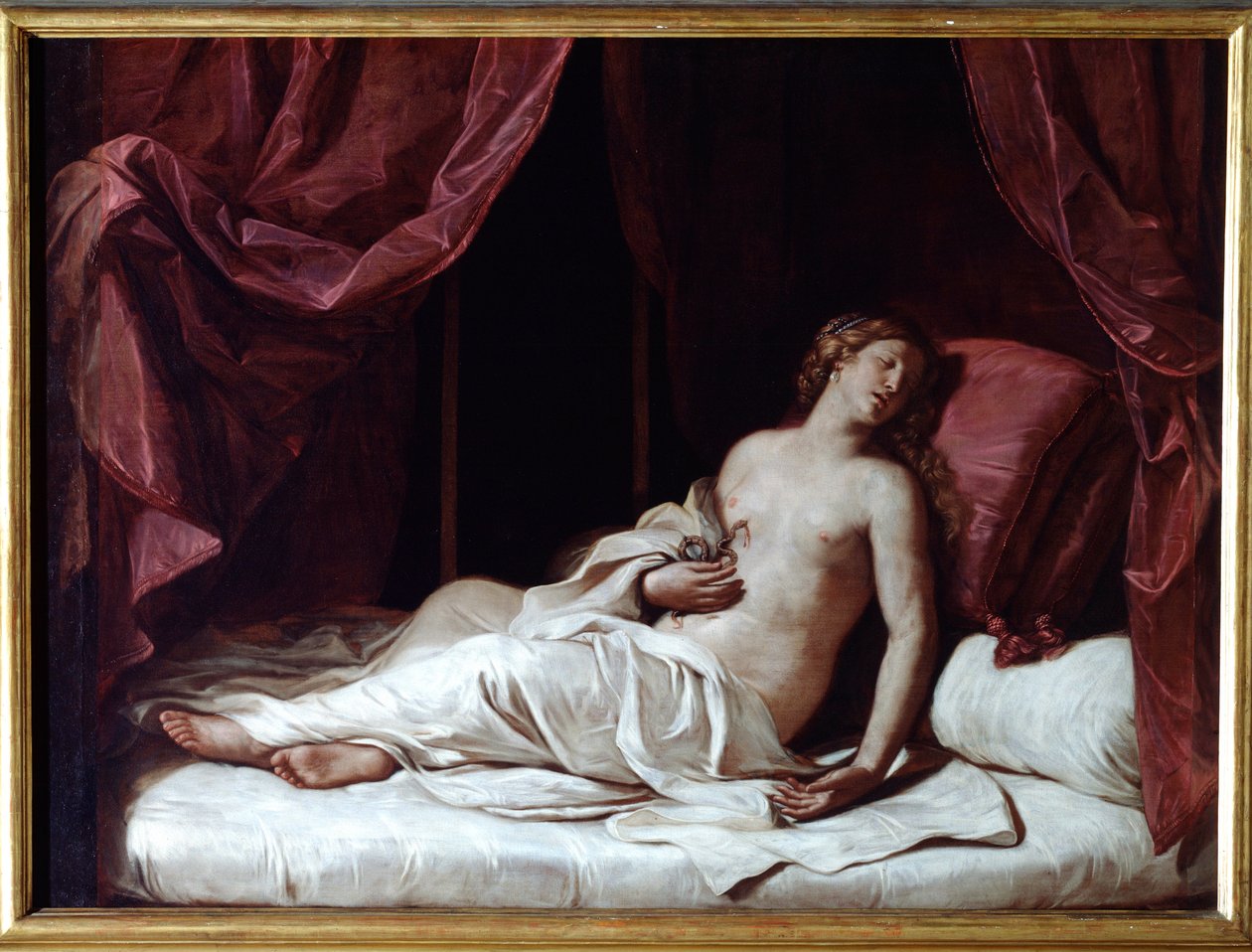 A Morte da Rainha Cleópatra O Suicídio de Cleópatra VII Thea Philopator (69-30 AC), Rainha do Antigo Egipto - (A morte da rainha Cleópatra) Pintura de Guercino (Giovan Francesco Barbieri) (Guerchin) (1591-1666) 1648 Dim 173x237 cm Genes, Musei di Strada de Guercino