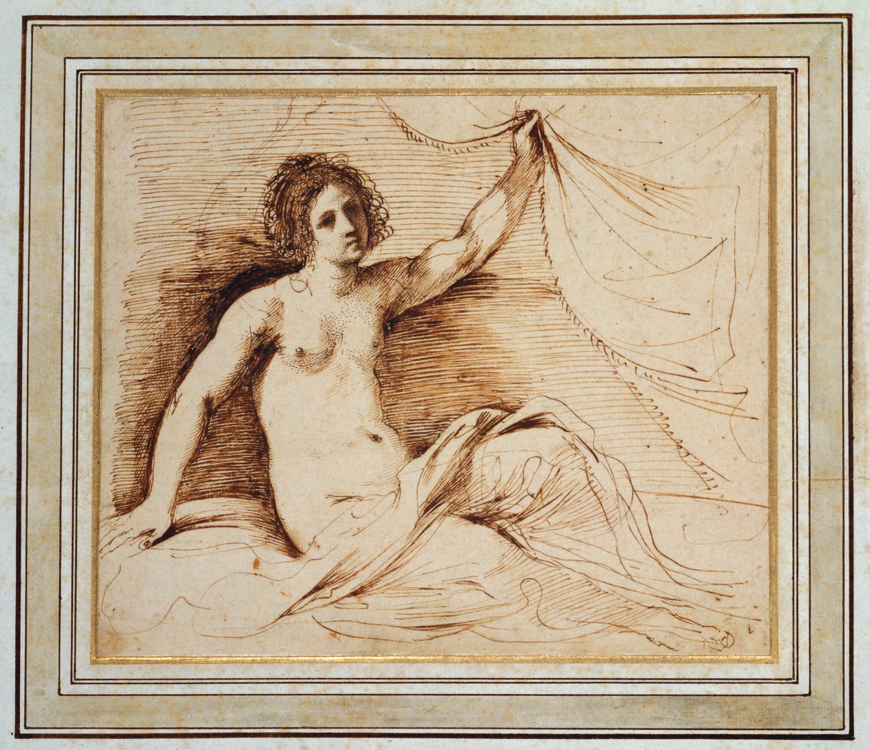 Uma mulher nua reclinada levantando uma cortina de Guercino