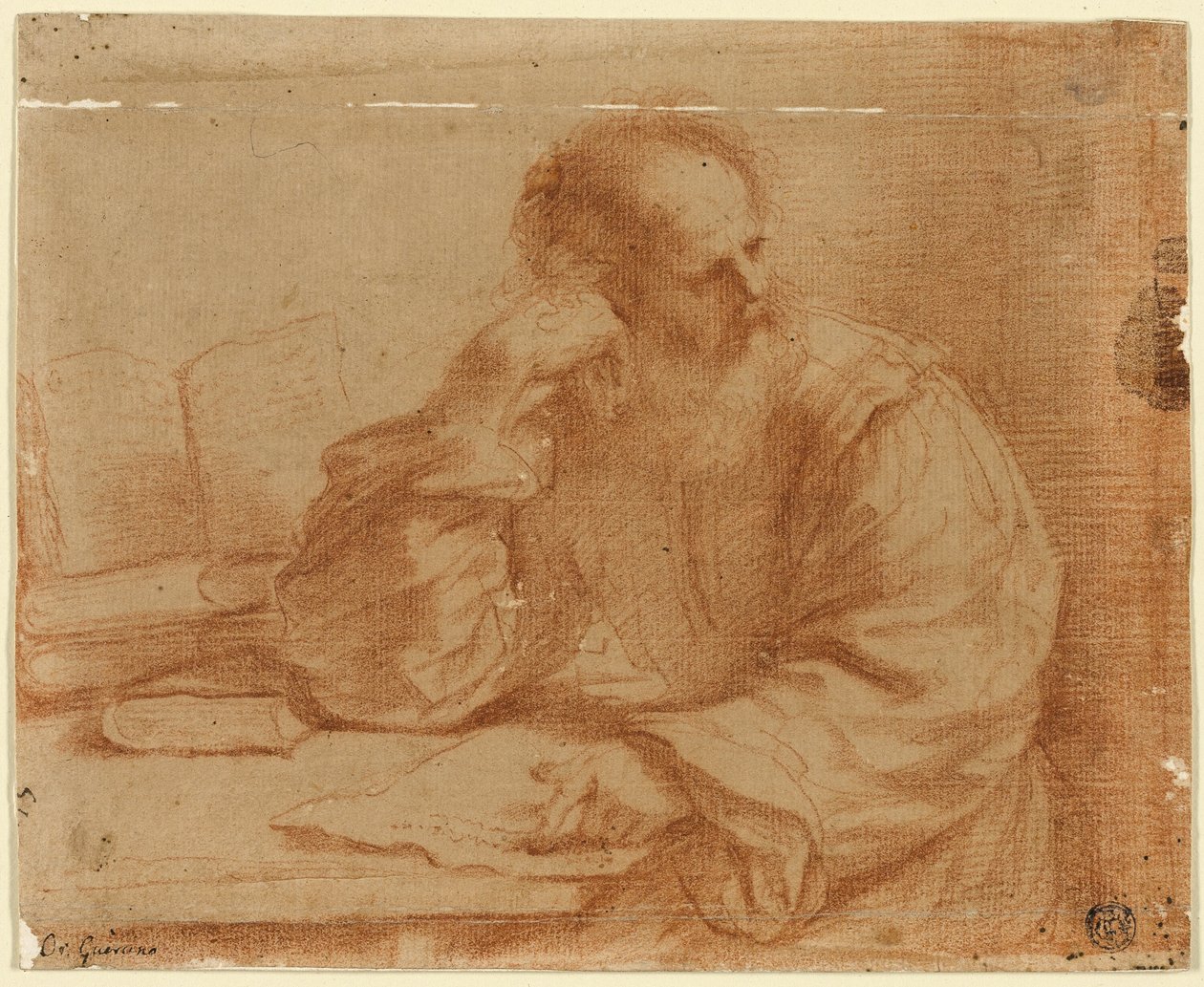 Homem barbudo sentado à mesa de Guercino