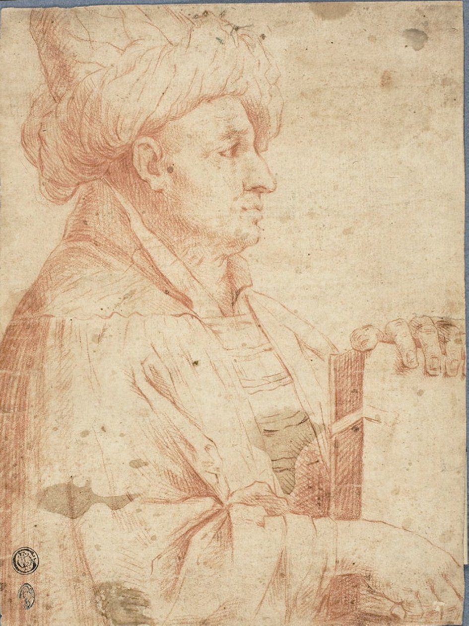 Busto de homem de turbante com um livro de Guercino