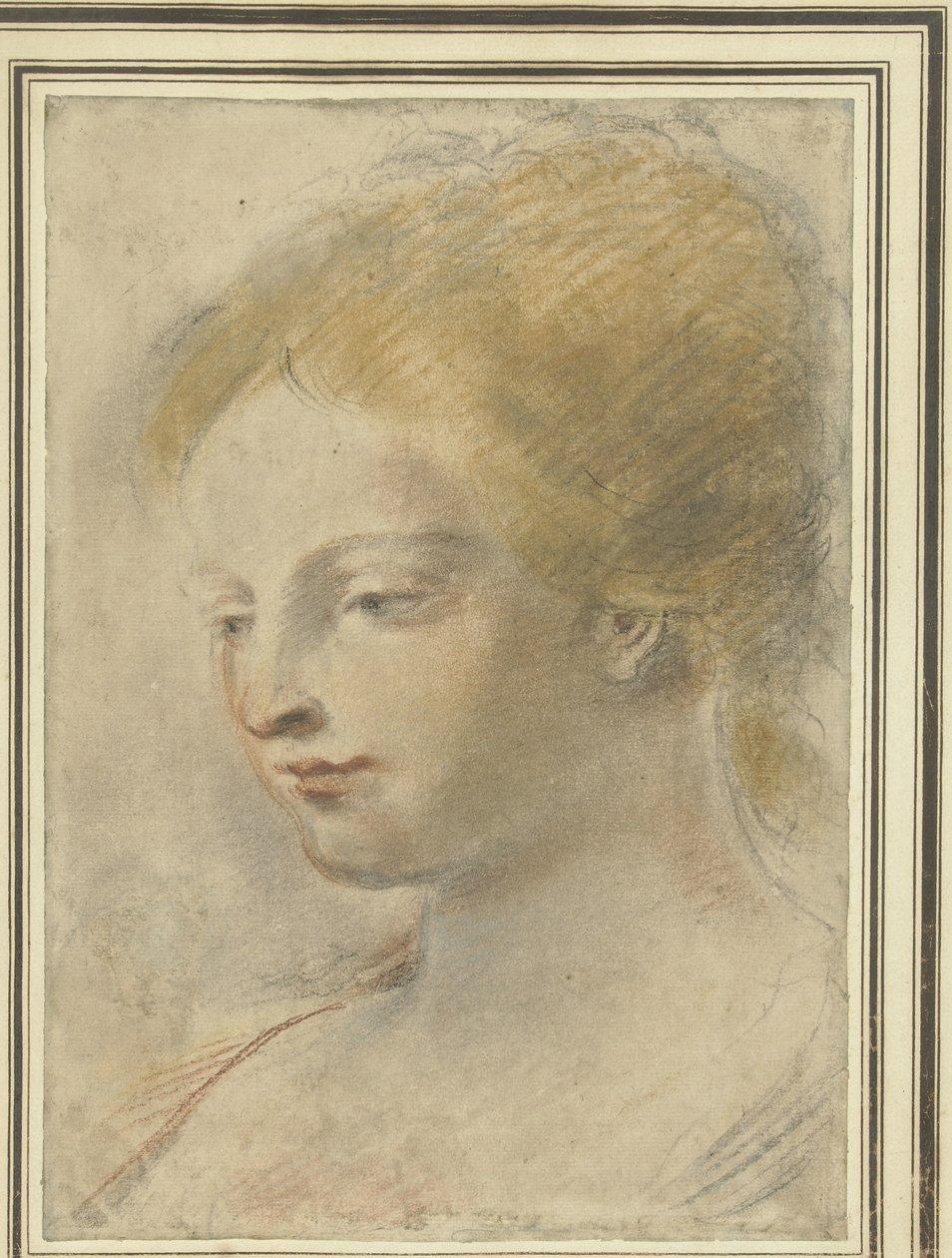 Cabeça de uma jovem mulher, com o olhar abatido de Guercino