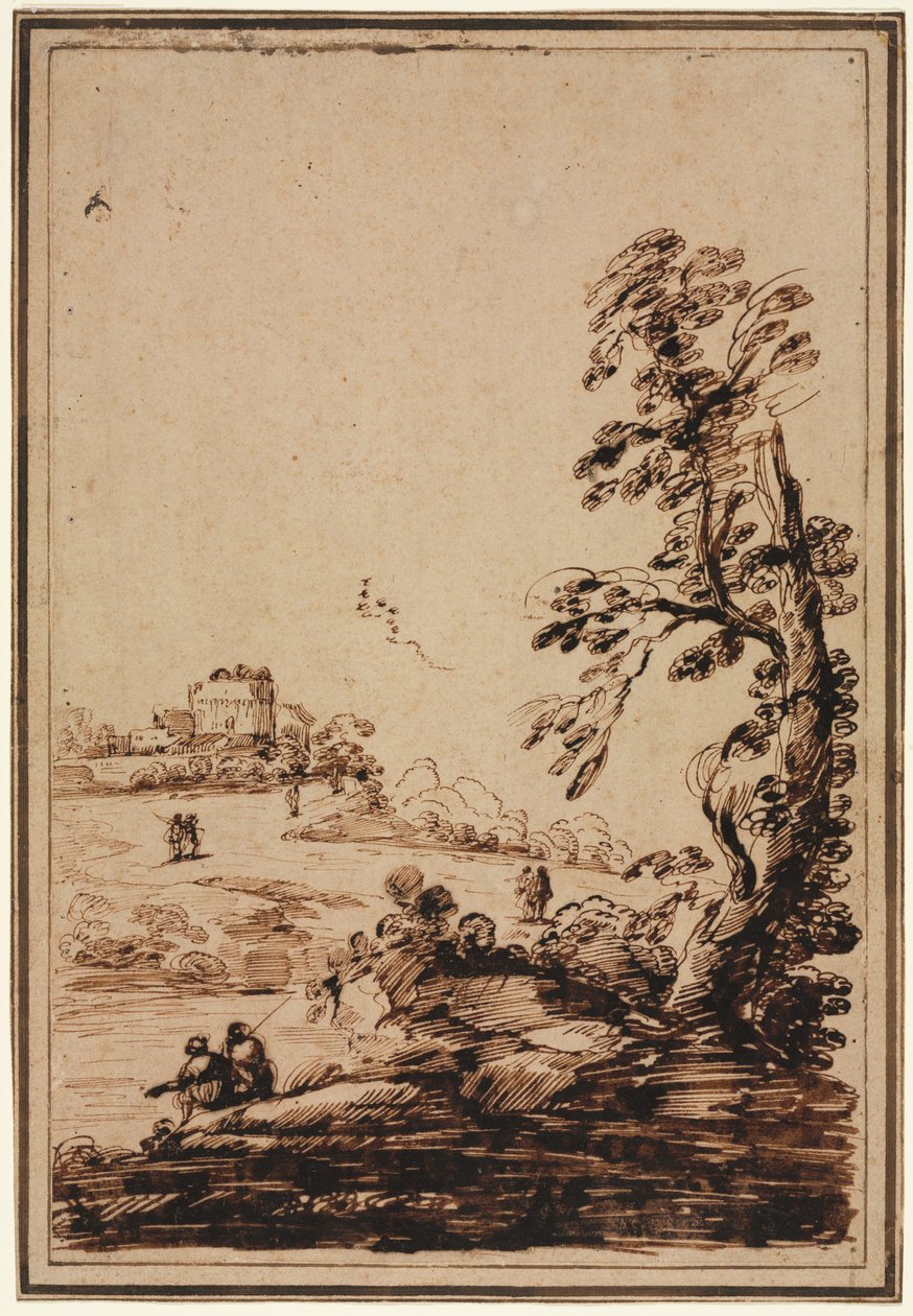 Paisagem com pequeno grupo de edifícios, segundo semestre de 1700. de Guercino