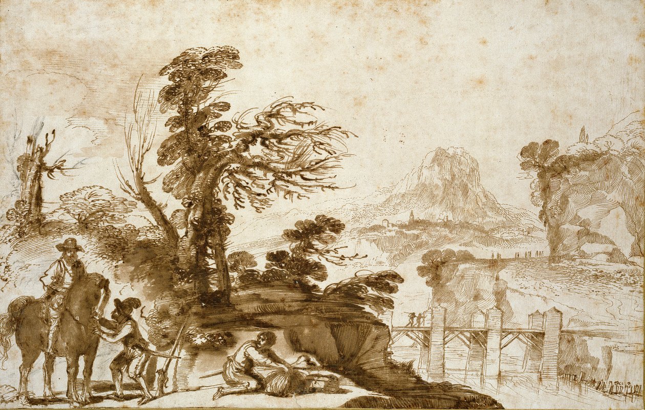 Paisagem com um Cavaleiro e uma Ponte, início do século XVII de Guercino