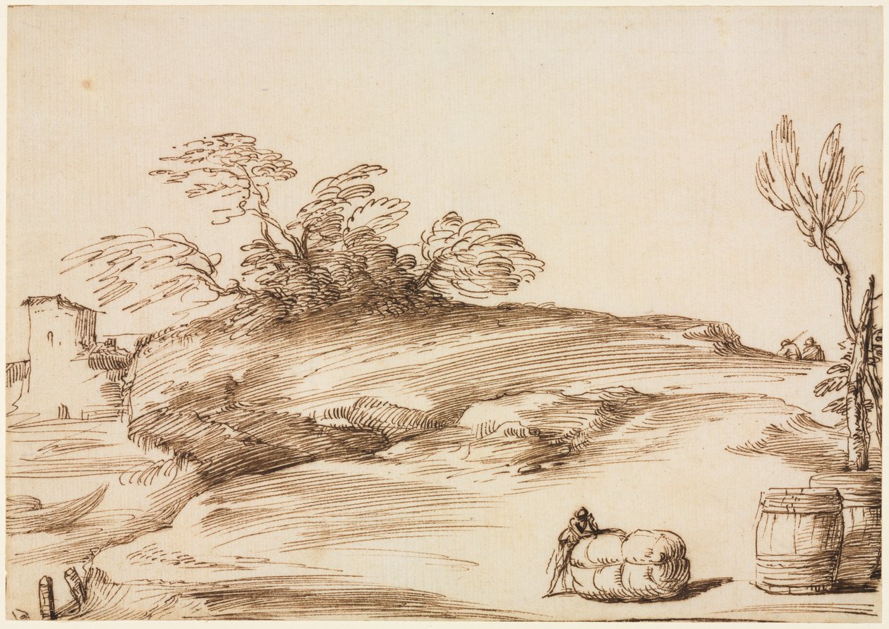 Paisagem com um homem apoiado em um fardo de Guercino