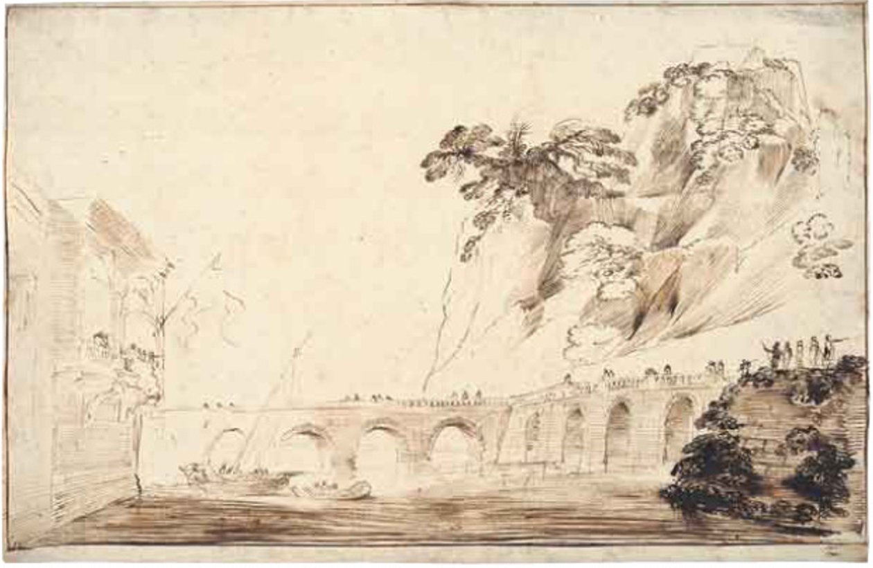 Paisagem com um rio atravessado por uma ponte, ladeado de espectadores, levando a um edifício com uma varanda suspensa com um grupo de espectadores de Guercino