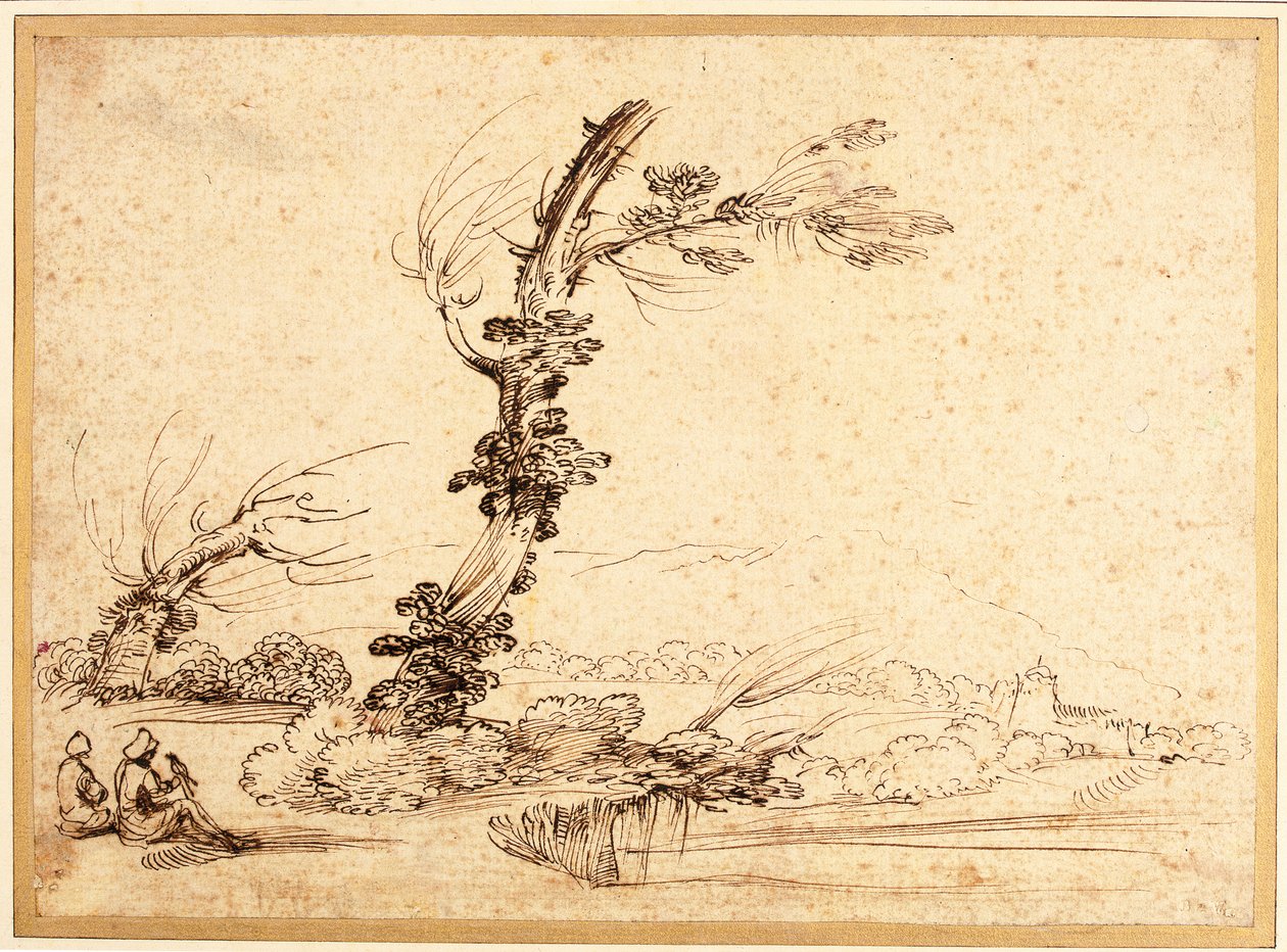 Paisagem com falcoeiros por uma árvore de Guercino