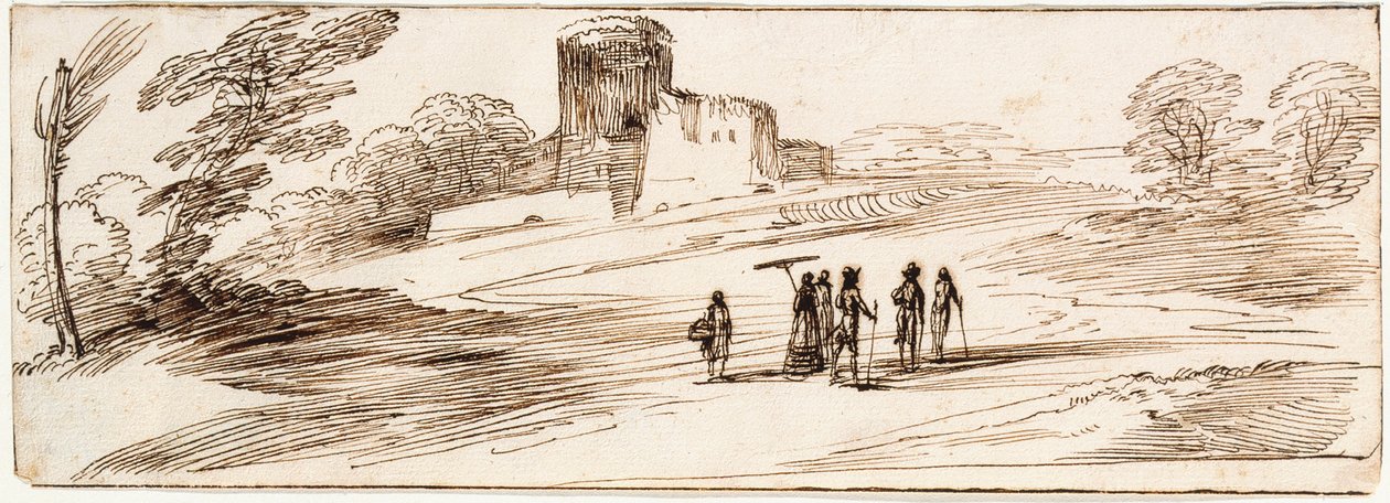 Paisagem com castelo e figuras de Guercino