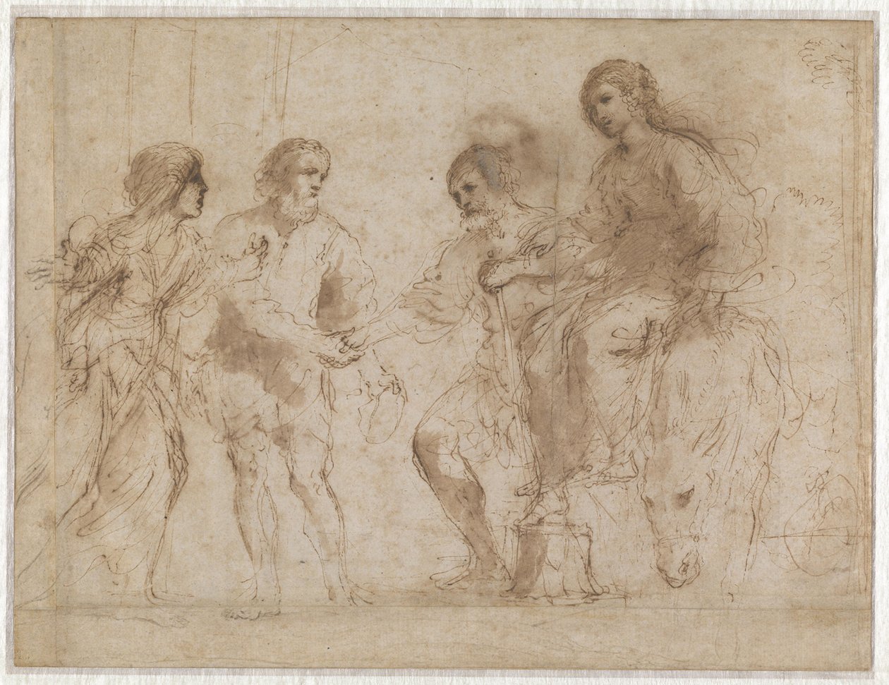 Encontro de Maria e José em frente à casa de Isabel e Zacarias (anverso) Maria e Isabel ao pé de uma escadaria (verso) de Guercino
