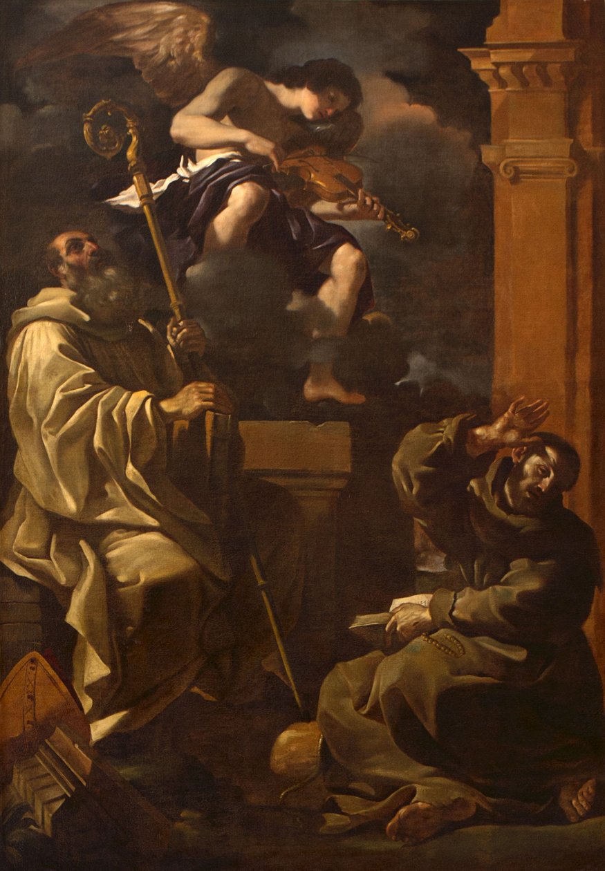 São Bento e São Francisco Ouvindo um Anjo Músico. de Guercino
