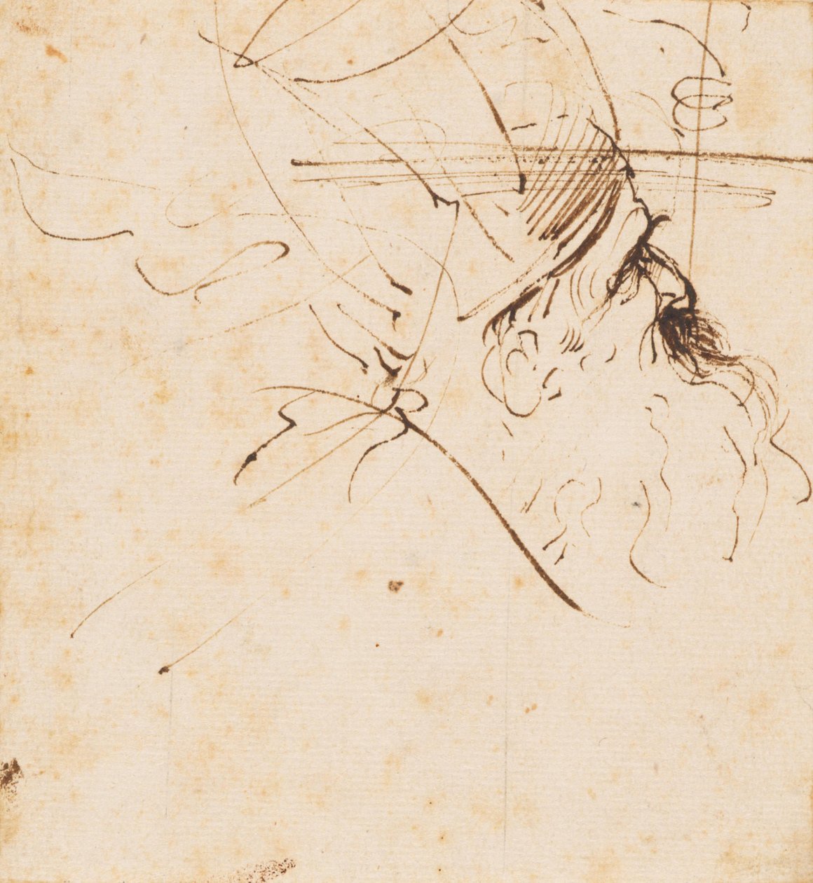 Esboço da cabeça de um eclesiástico com mitra, olhando para cima à direita de Guercino