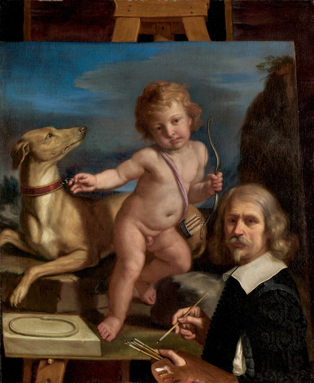 Auto-retrato diante de uma pintura de Amor Fedele, 1655. de Guercino