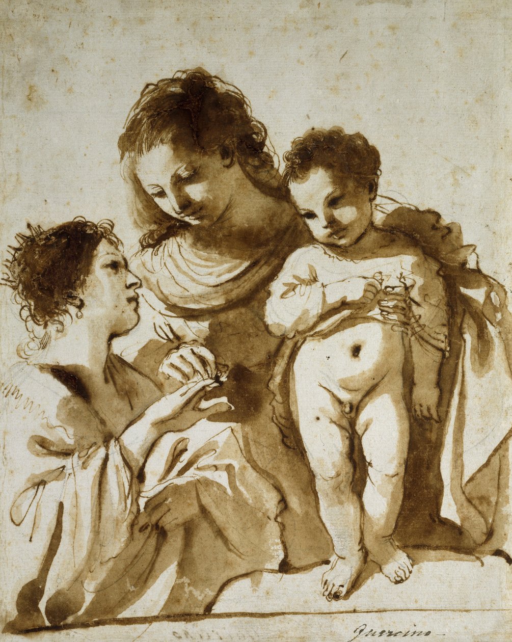 O casamento místico de Santa Catarina, 1618-19 (caneta e tinta marrom com marrom lavar mais indicações em giz preto sobre papel branco) de Guercino