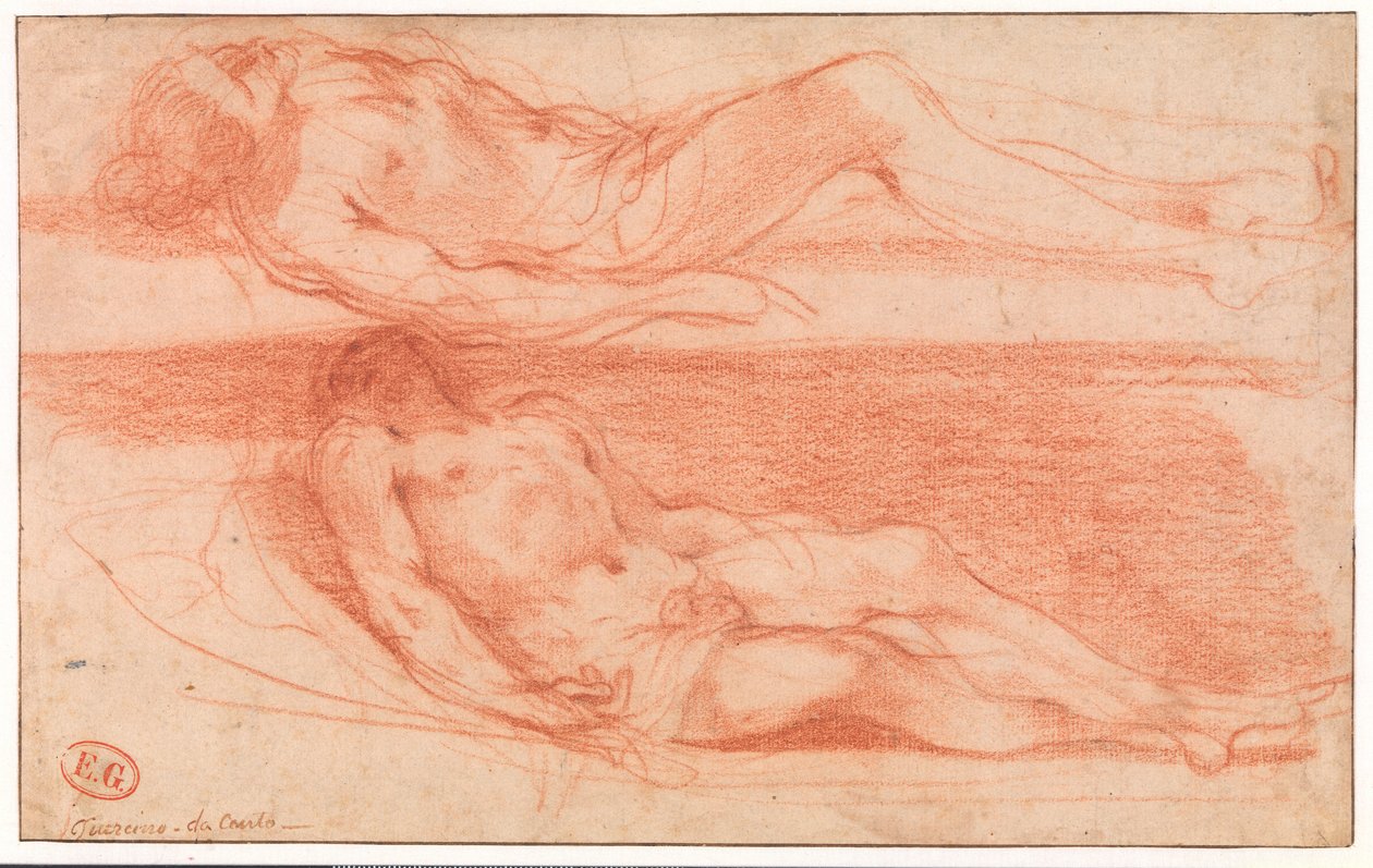 Dois estudos de um homem seminu reclinado de Guercino