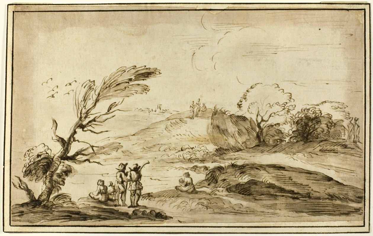 Dois grupos de figuras em uma paisagem de Guercino