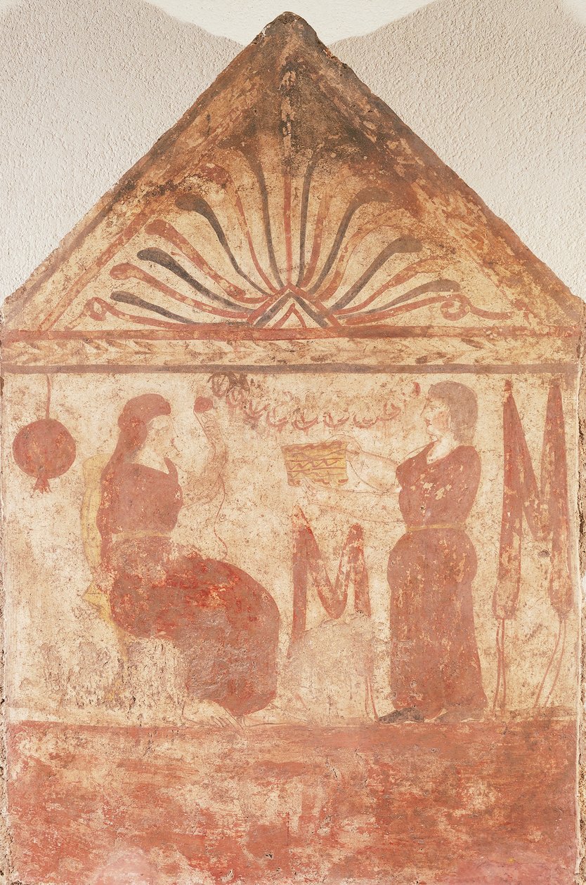 Lápide pintada mostrando uma mulher sentada no trono a fiar, de Andriuolo-Laghetto em Paestum, Campânia, Itália de Guglielmo Bilancioni
