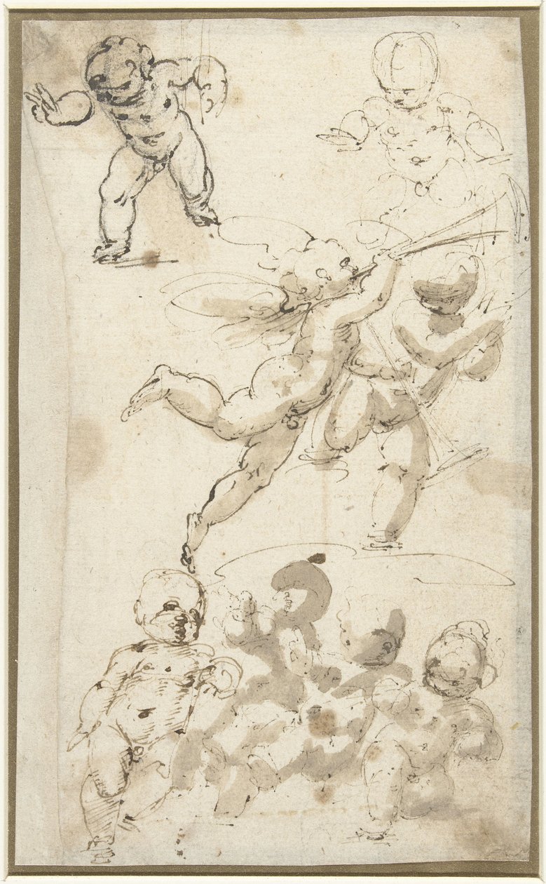 Putti e um anjo flutuante de Guglielmo Caccia