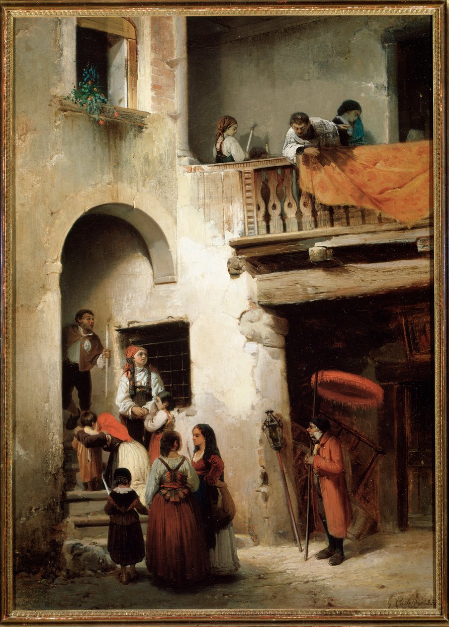 Extrema-unção, uma família à espera do lado de fora da casa de um moribundo Pintura de Guglielmo Castoldi (1823-1882) 1858 Dim 89x64 cm Genes, Galleria d