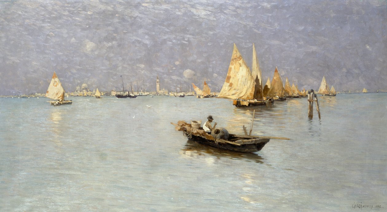 Barcos à vela na lagoa veneziana de Guglielmo Ciardi