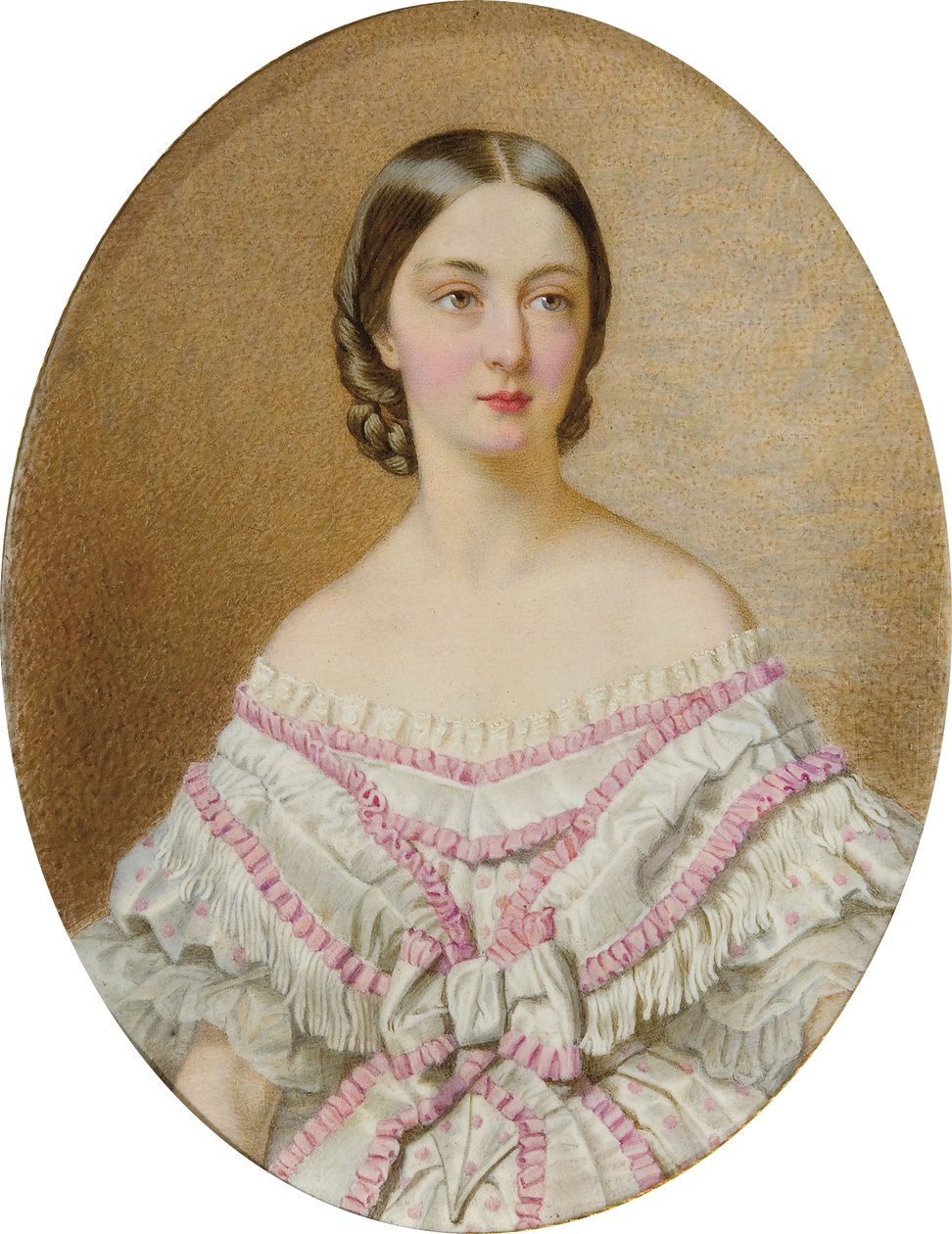 Retrato de Françoise, Duquesa de Chartres (1844-1925) com um vestido branco e um xaile com colmeias cor-de-rosa; de Guglielmo Faija