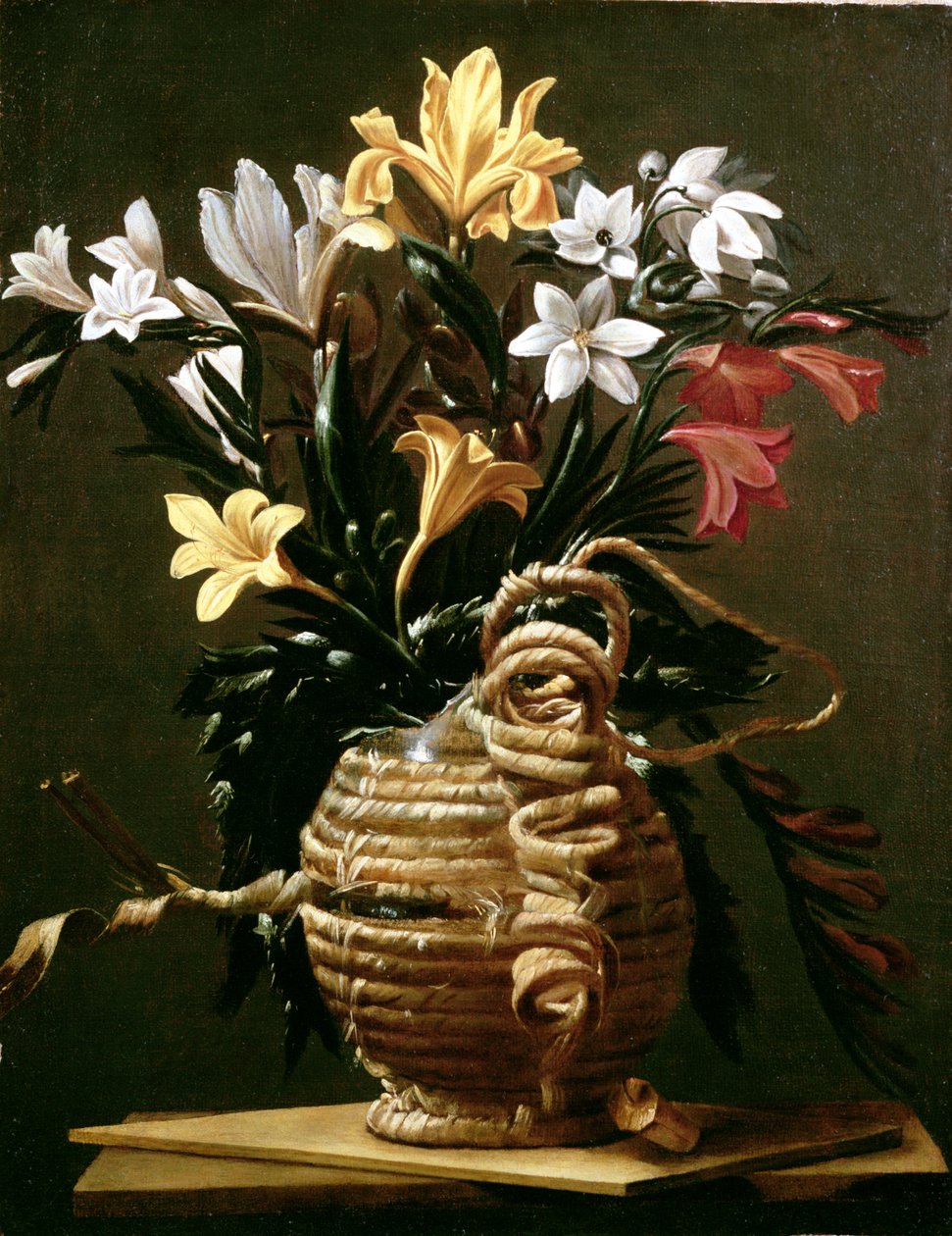 Ainda vida de flores em um balão coberto de palha de Guido Cagnacci