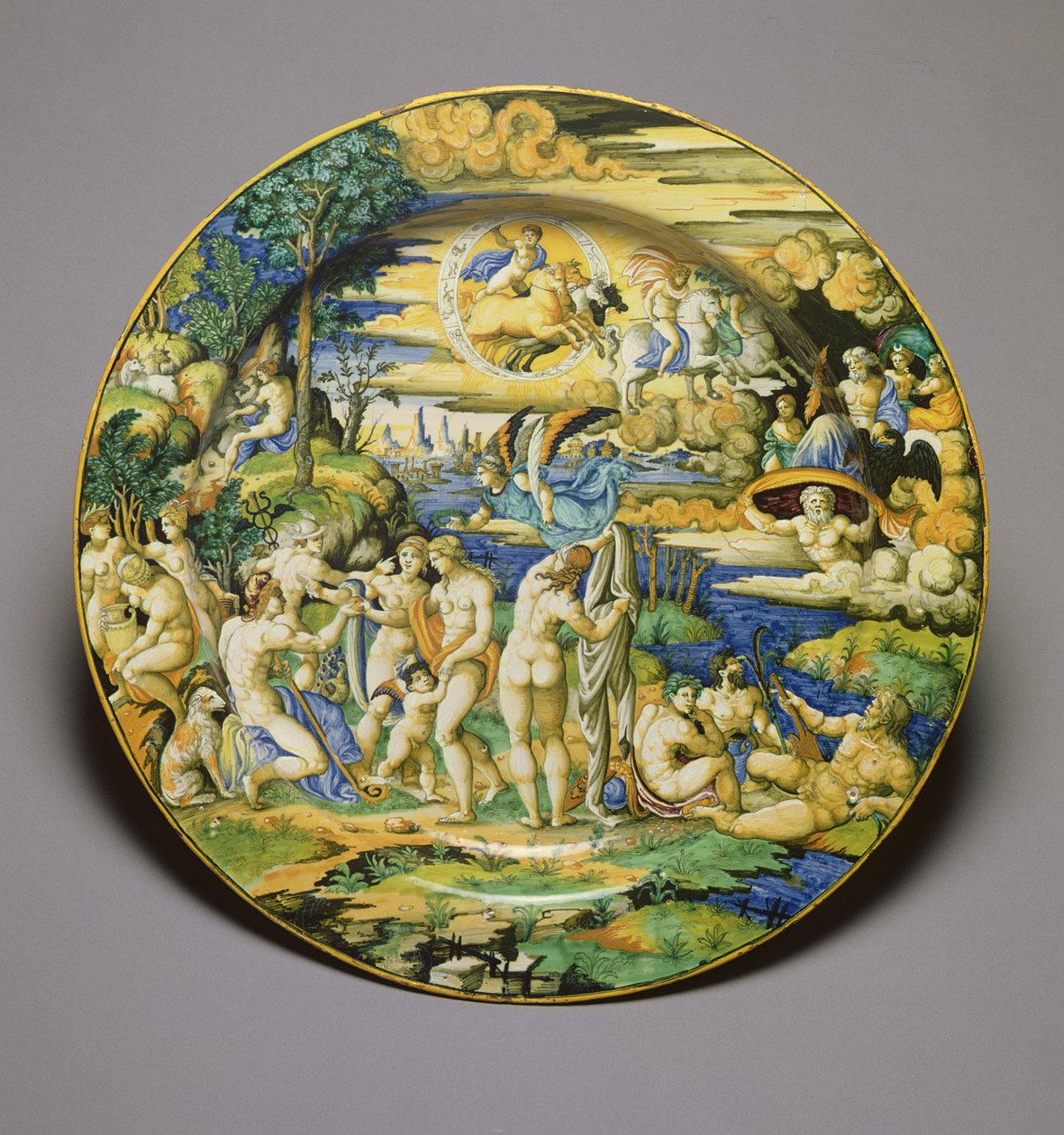 C.59-1927 Prato representando o julgamento de Paris, c.1544-50 (faiança de estanho vidrada) de Guido Durantino