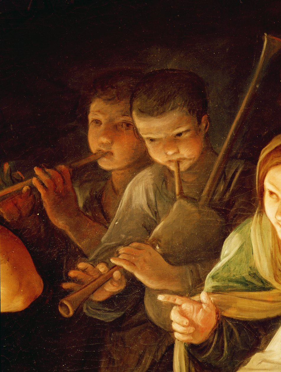 Adoração dos Pastores detalhe dos jovens músicos ao fundo, 1642 óleo sobre tela de Guido Reni